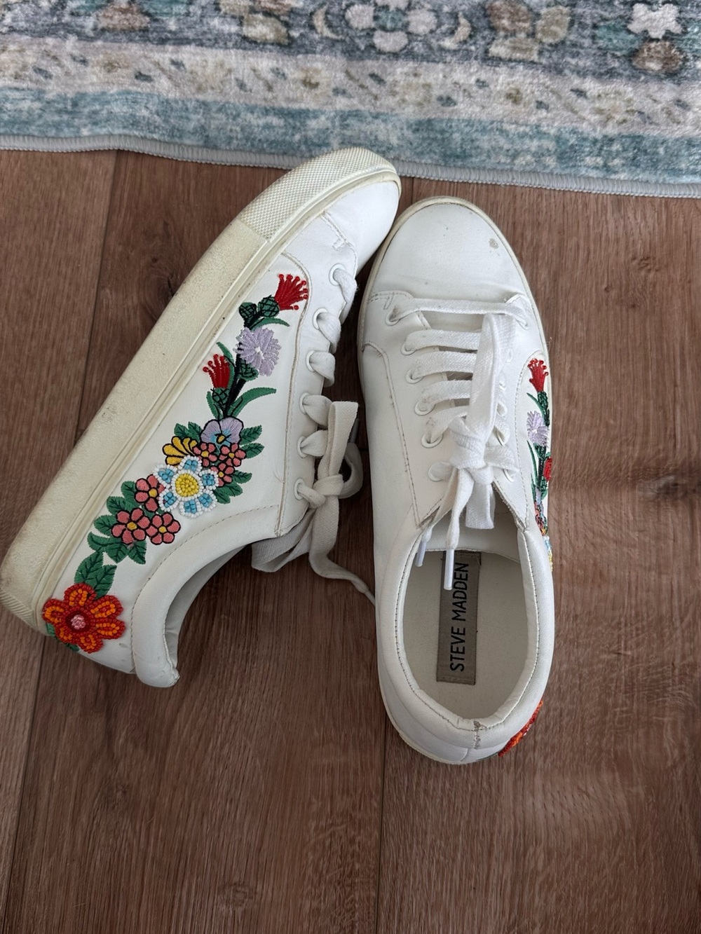 Steve Madden White Sneakers with Colorful Floral Embroidery